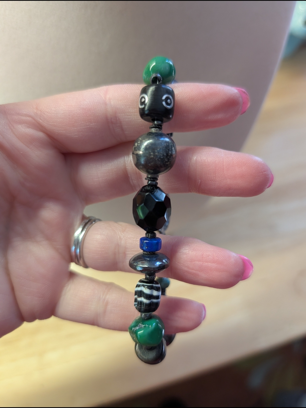 Handmade Multicolor Beaded Bracelet - Green & Black